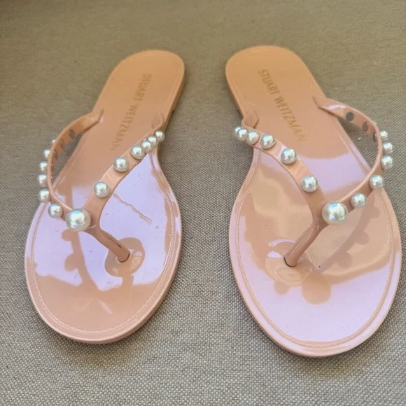 Stuart Weitzman Goldie Jelly Flip Flop Pearls Size US 8 EU 39 Dusty Pink - Picture 4 of 9